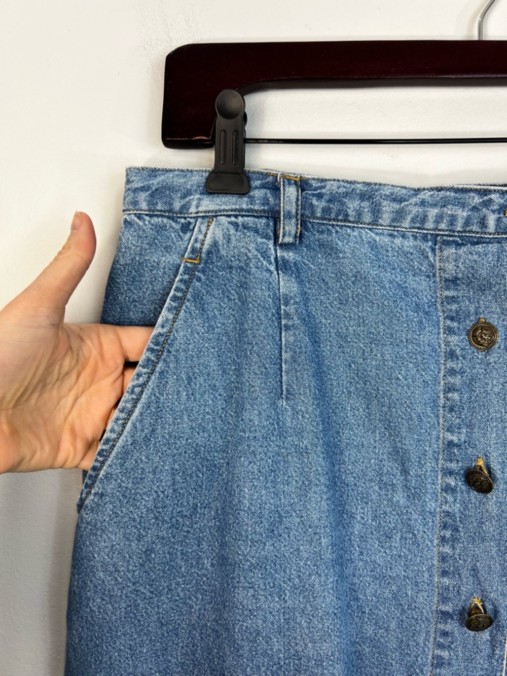 Vintage 90s cotton denim button front minimalist straight jean midi skirt 10 - Picture 7 of 12